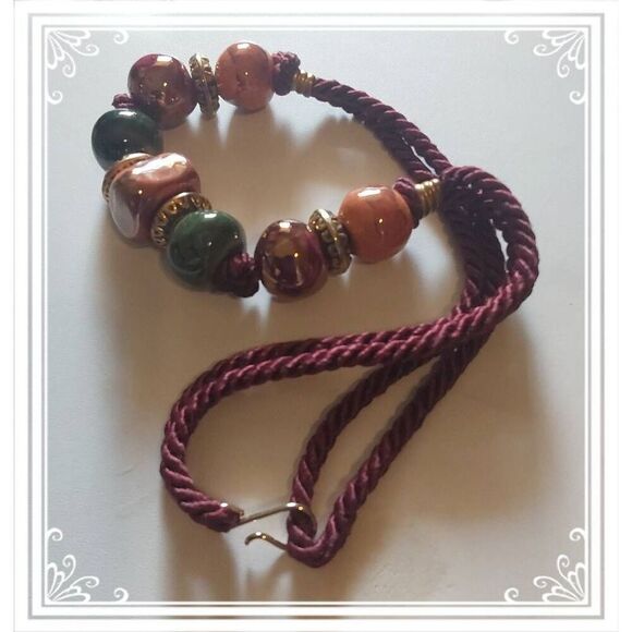 Pretty Topaz & Malachite Bead Brown Velvet Rope Statement Necklace - Picture 3 of 3